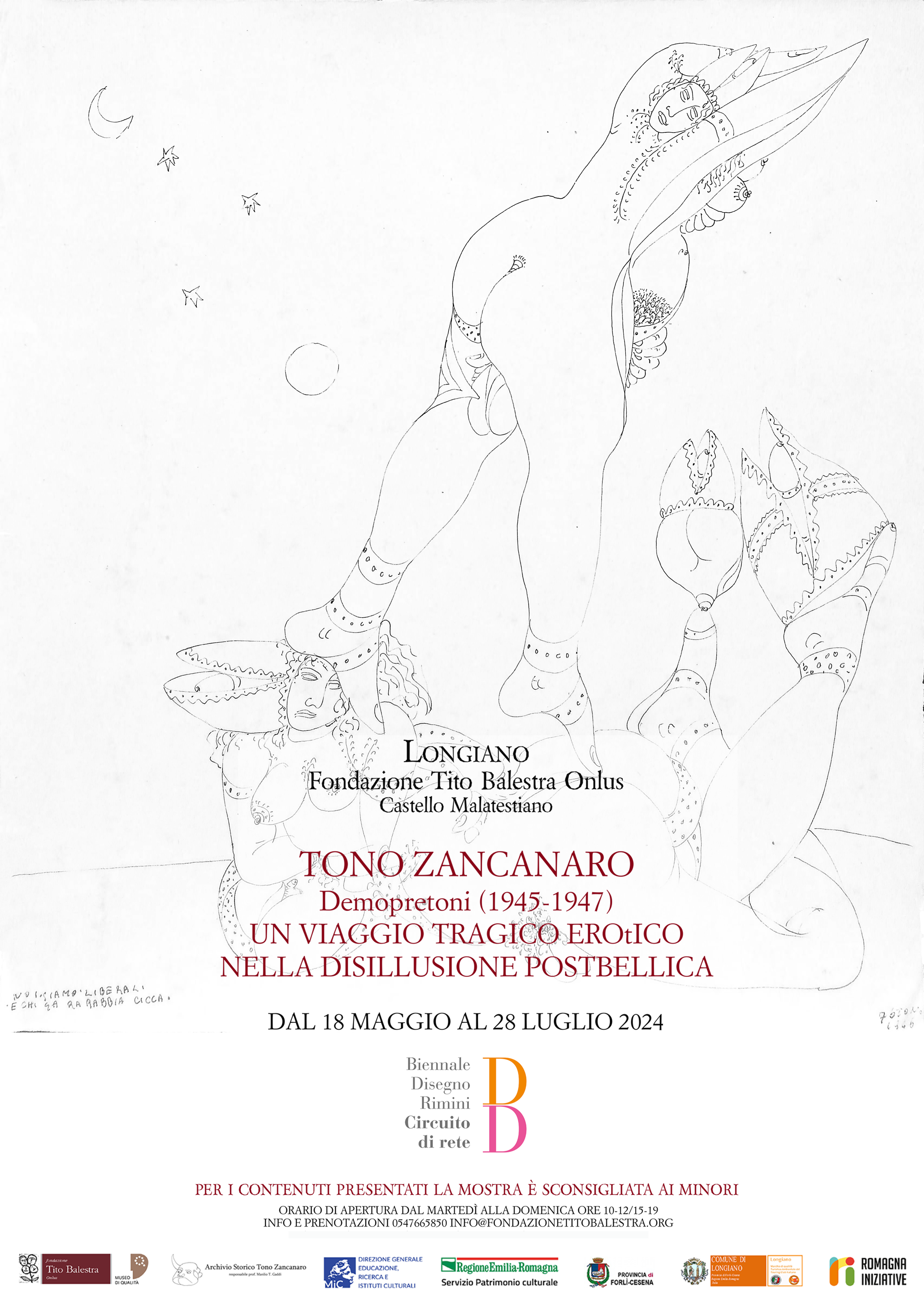 Locandina mostra Zancanaro 2024 immagine dell'evento: Mostra di Tono Zancanaro - DEMOPRETONI / UN VIAGGIO TRAGICO EROtICO NELLA DISILLUSIONE POSTBELLICA